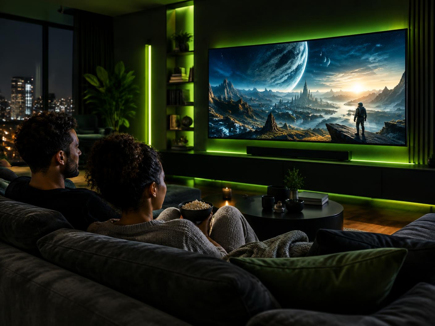 Couple enjoying a premium cinema experience at home