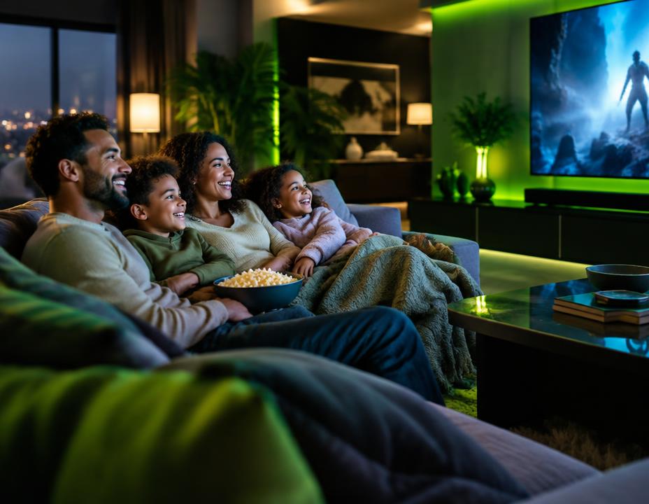 Family enjoying movie night at home